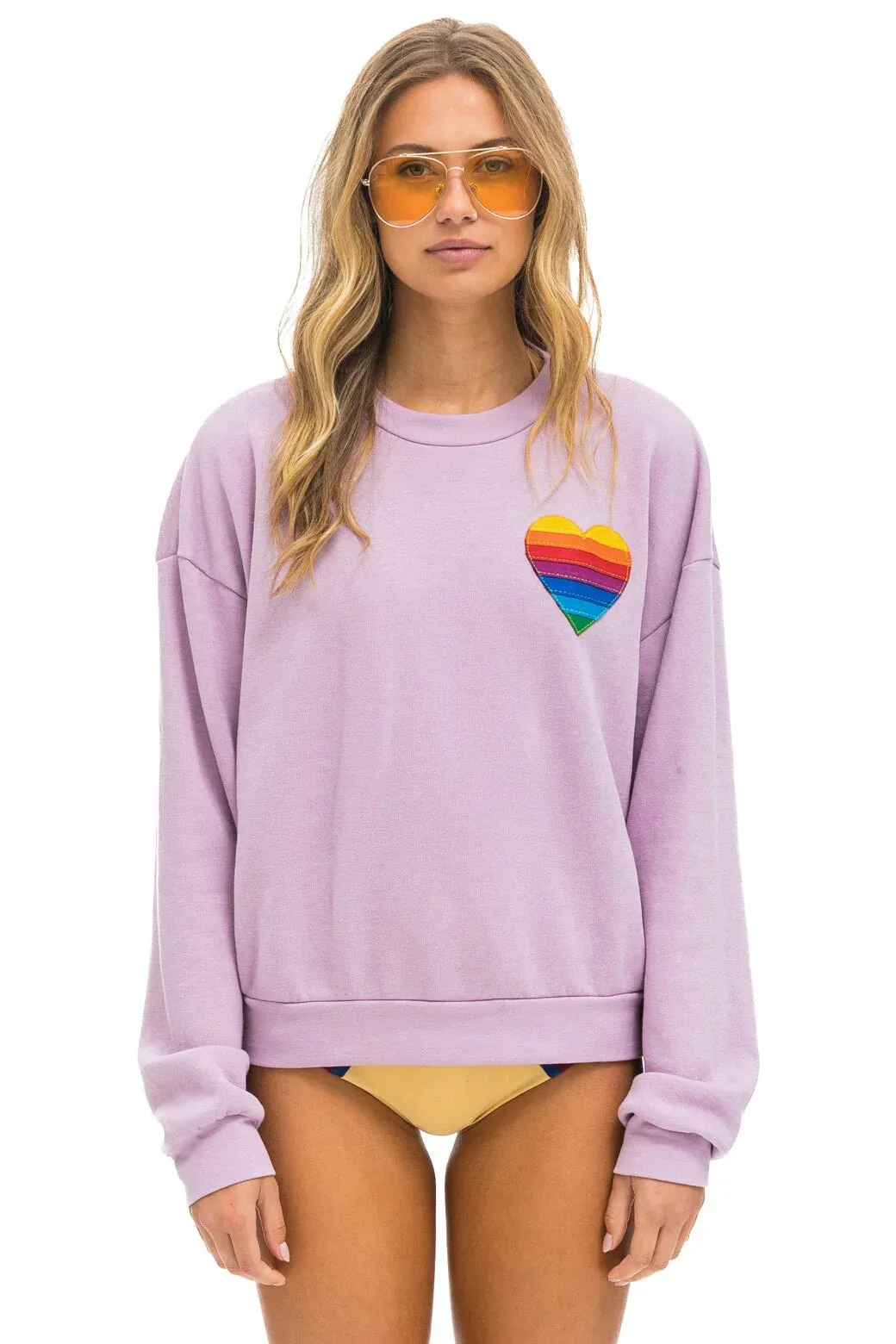 AVIATOR NATION RAINBOW HEART STITCH RELAXED CREW SWEATSHIRT - MAUVE