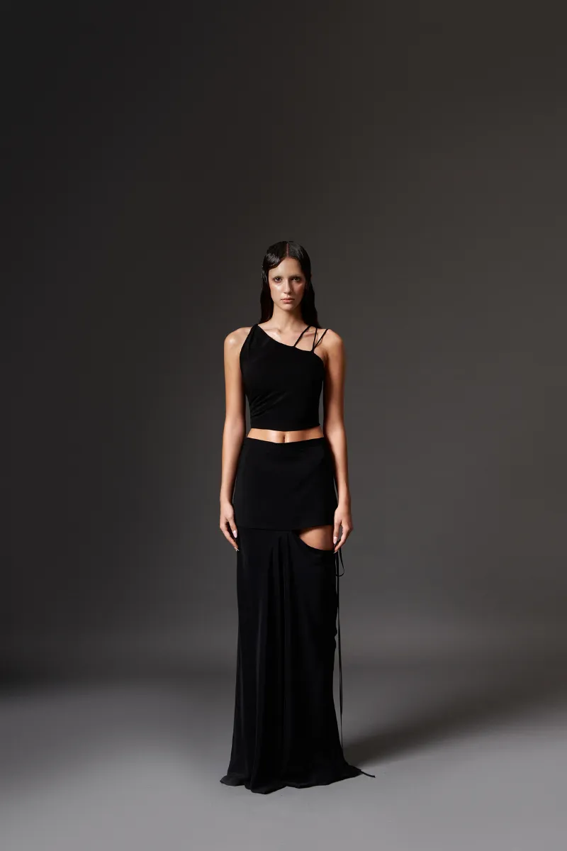 BLACK CUT-OUT LONG SKIRT