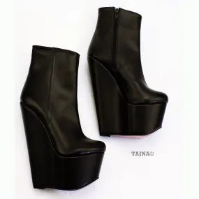 Black Faux Leather Ankle 16 cm Heel Wedge Boots