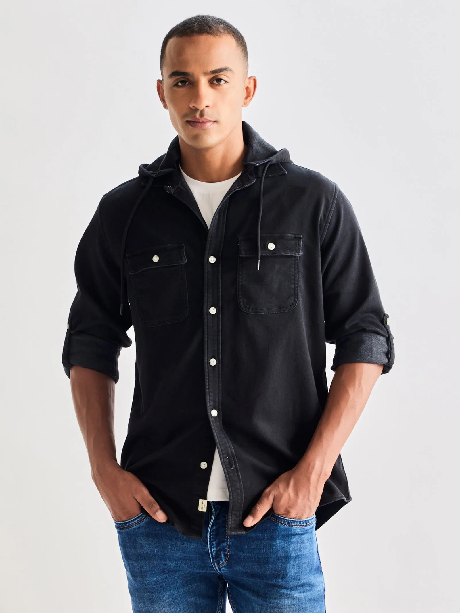 Black Hooded Denim Shirt