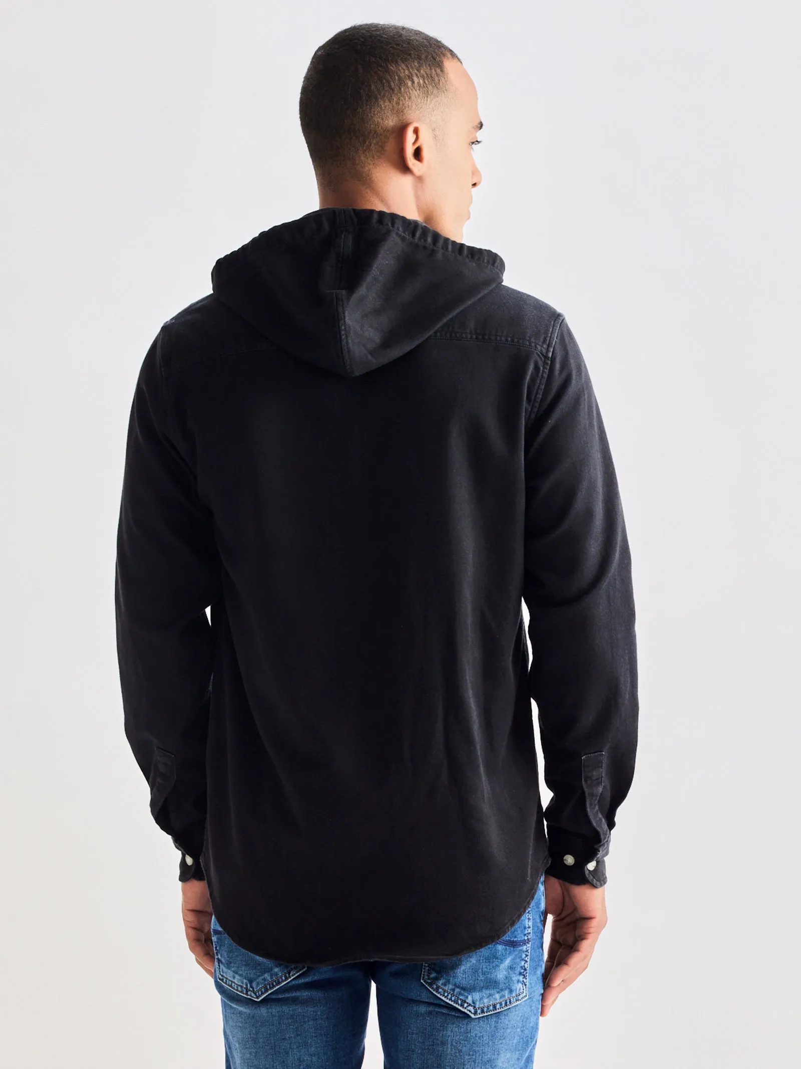 Black Hooded Denim Shirt