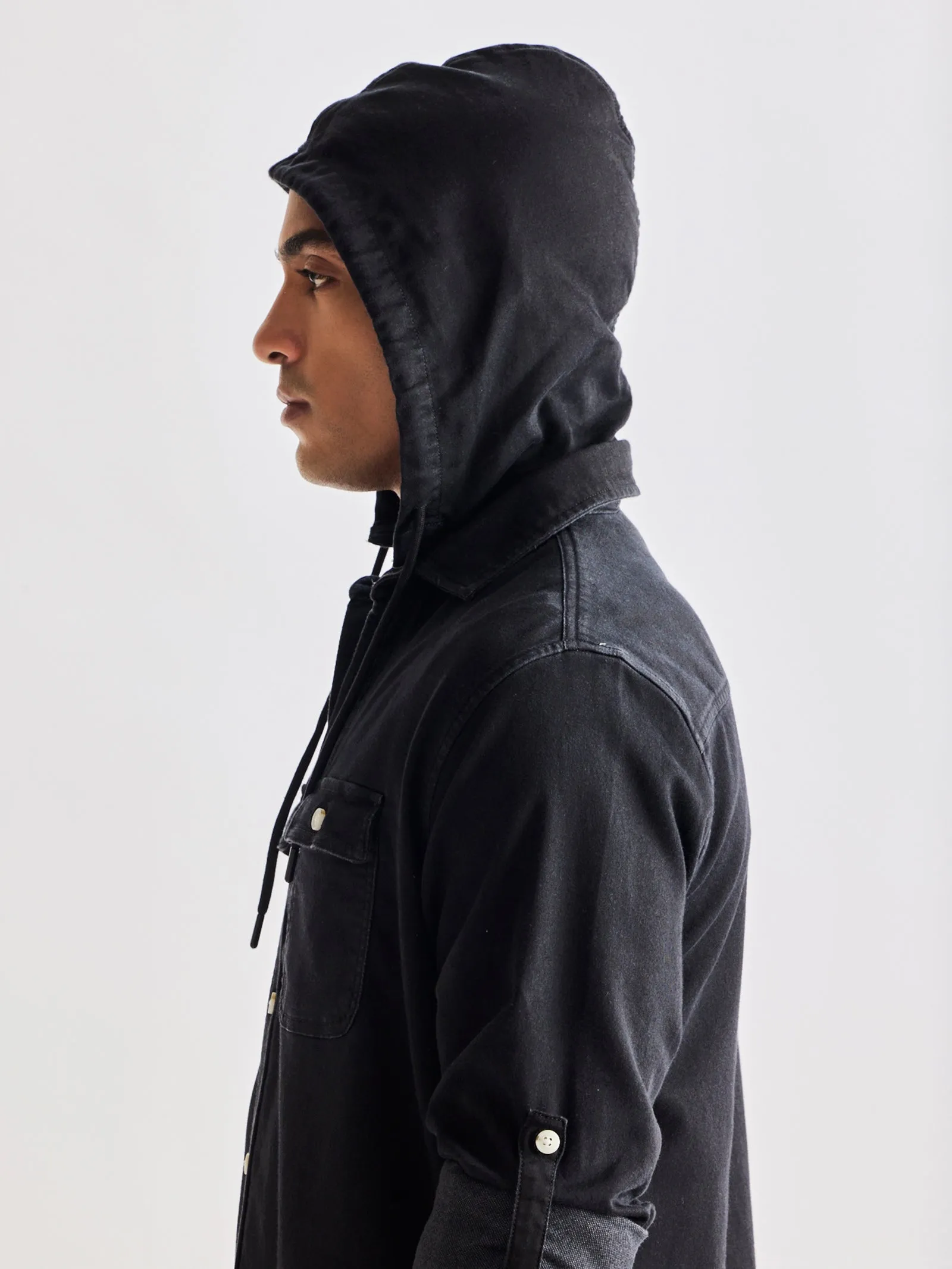 Black Hooded Denim Shirt