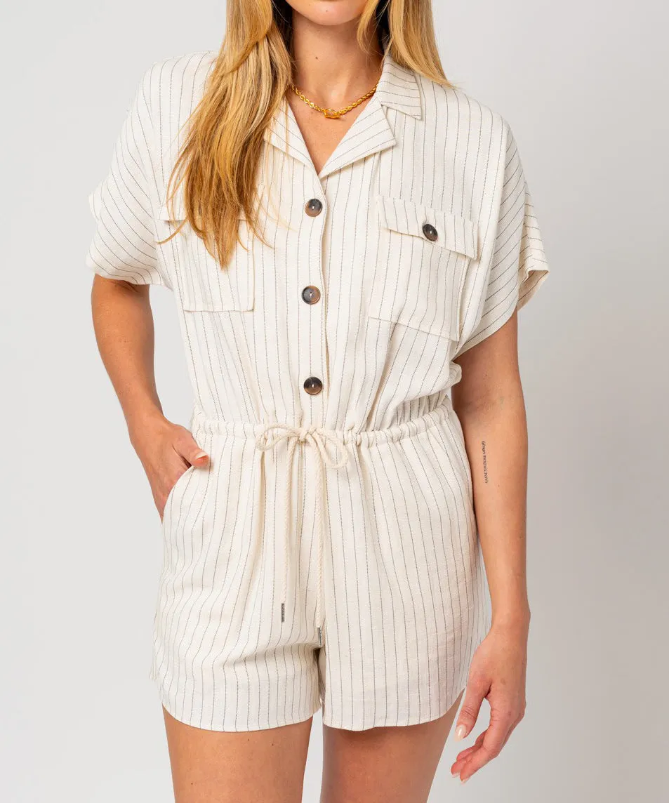 Button Down Short Sleeve Romper - Ivory/Black Stripe