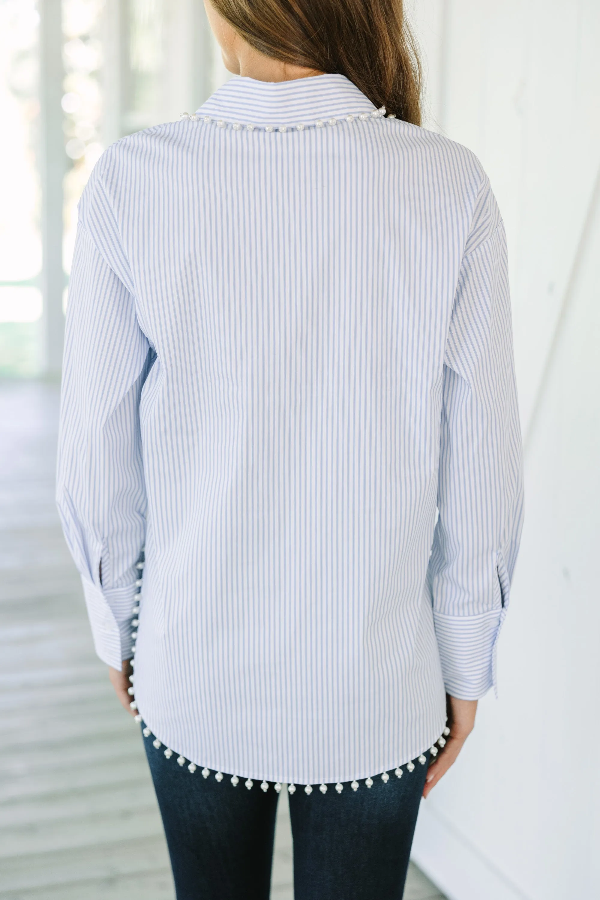 Care To Be Classic Light Blue Striped Button Down Blouse