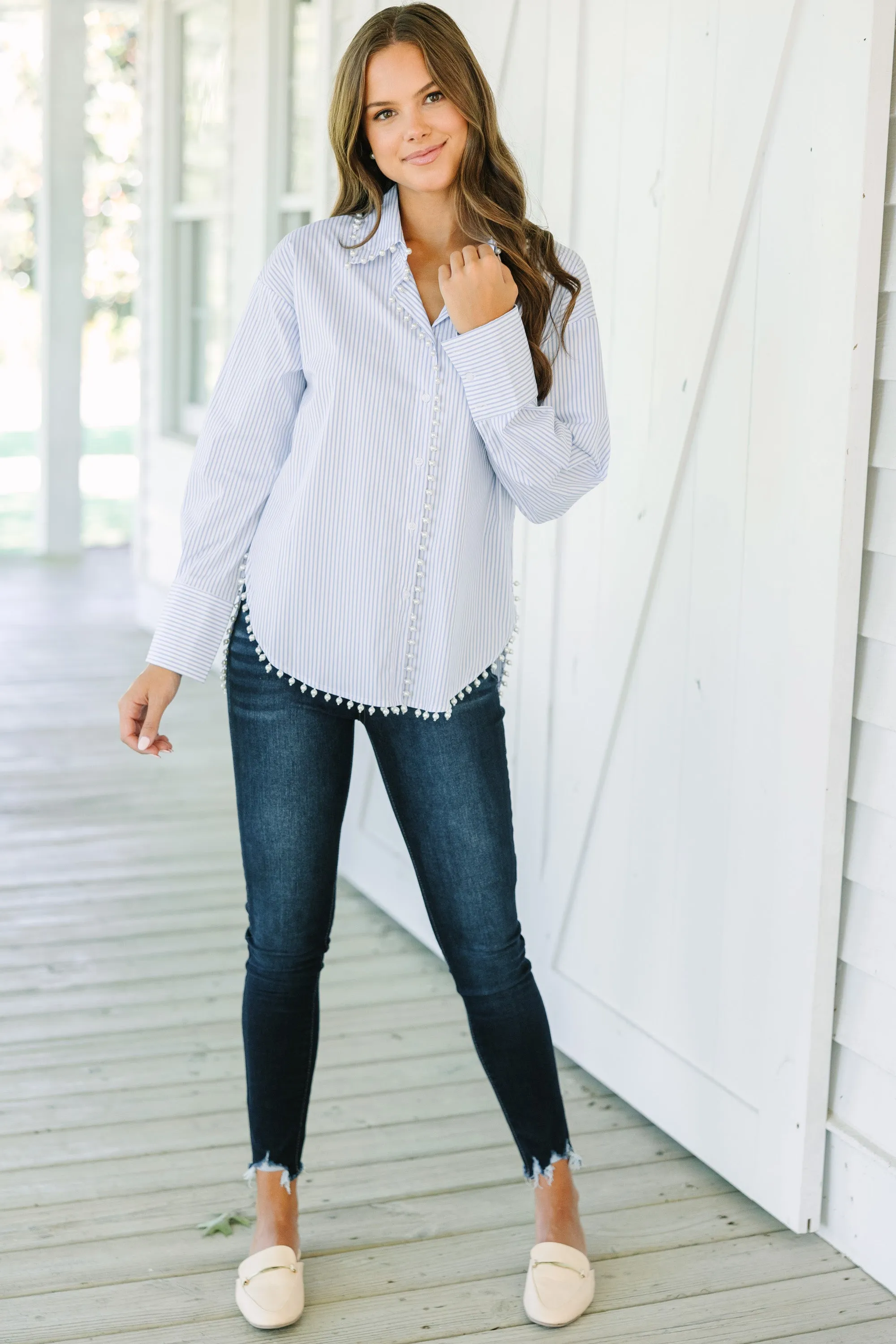 Care To Be Classic Light Blue Striped Button Down Blouse