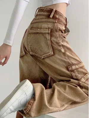 deanwangkt Y2K Brown Cargo Pants Women 90S Vintage Grunge High Waist Baggy Jeans Streetwear Wide Leg Loose Denim Trousers Female