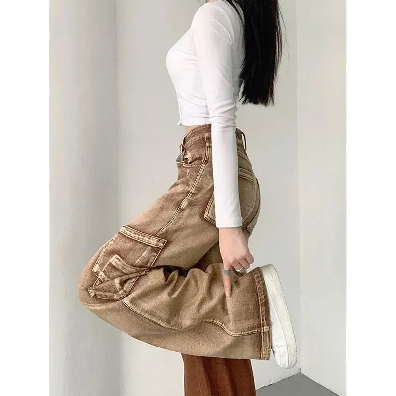 deanwangkt Y2K Brown Cargo Pants Women 90S Vintage Grunge High Waist Baggy Jeans Streetwear Wide Leg Loose Denim Trousers Female