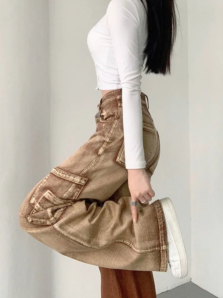 deanwangkt Y2K Brown Cargo Pants Women 90S Vintage Grunge High Waist Baggy Jeans Streetwear Wide Leg Loose Denim Trousers Female