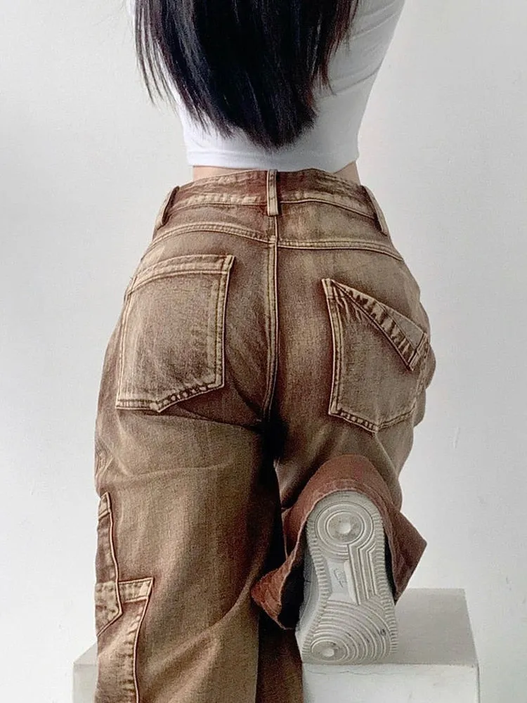 deanwangkt Y2K Brown Cargo Pants Women 90S Vintage Grunge High Waist Baggy Jeans Streetwear Wide Leg Loose Denim Trousers Female