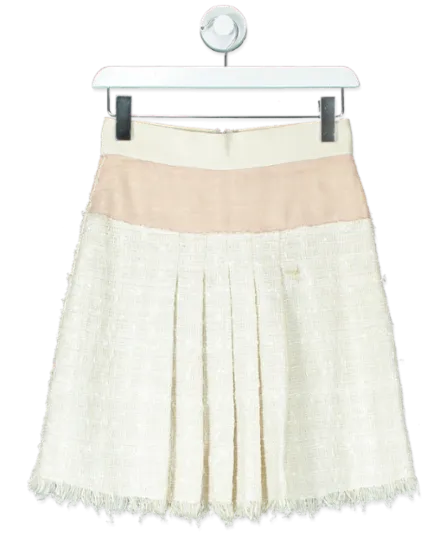 Dolce & Gabbana Cream Tweed Pleated Frayed Hem Skirt UK 8