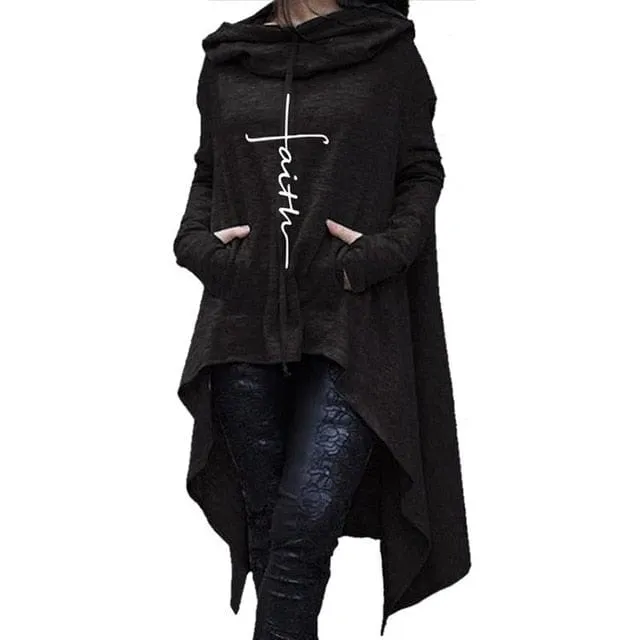 Faith Long Asymmetrical Hem Hoodie with Center Pocket - S-5XL - 4 Colors