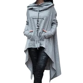 Faith Long Asymmetrical Hem Hoodie with Center Pocket - S-5XL - 4 Colors