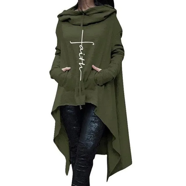 Faith Long Asymmetrical Hem Hoodie with Center Pocket - S-5XL - 4 Colors