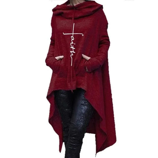 Faith Long Asymmetrical Hem Hoodie with Center Pocket - S-5XL - 4 Colors