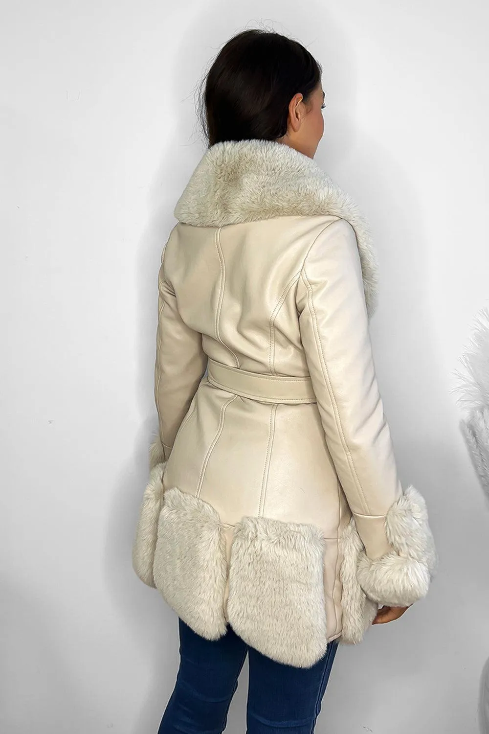 Faux Fur And Vegan Leather Waist Tie Deep Plunge Jacket