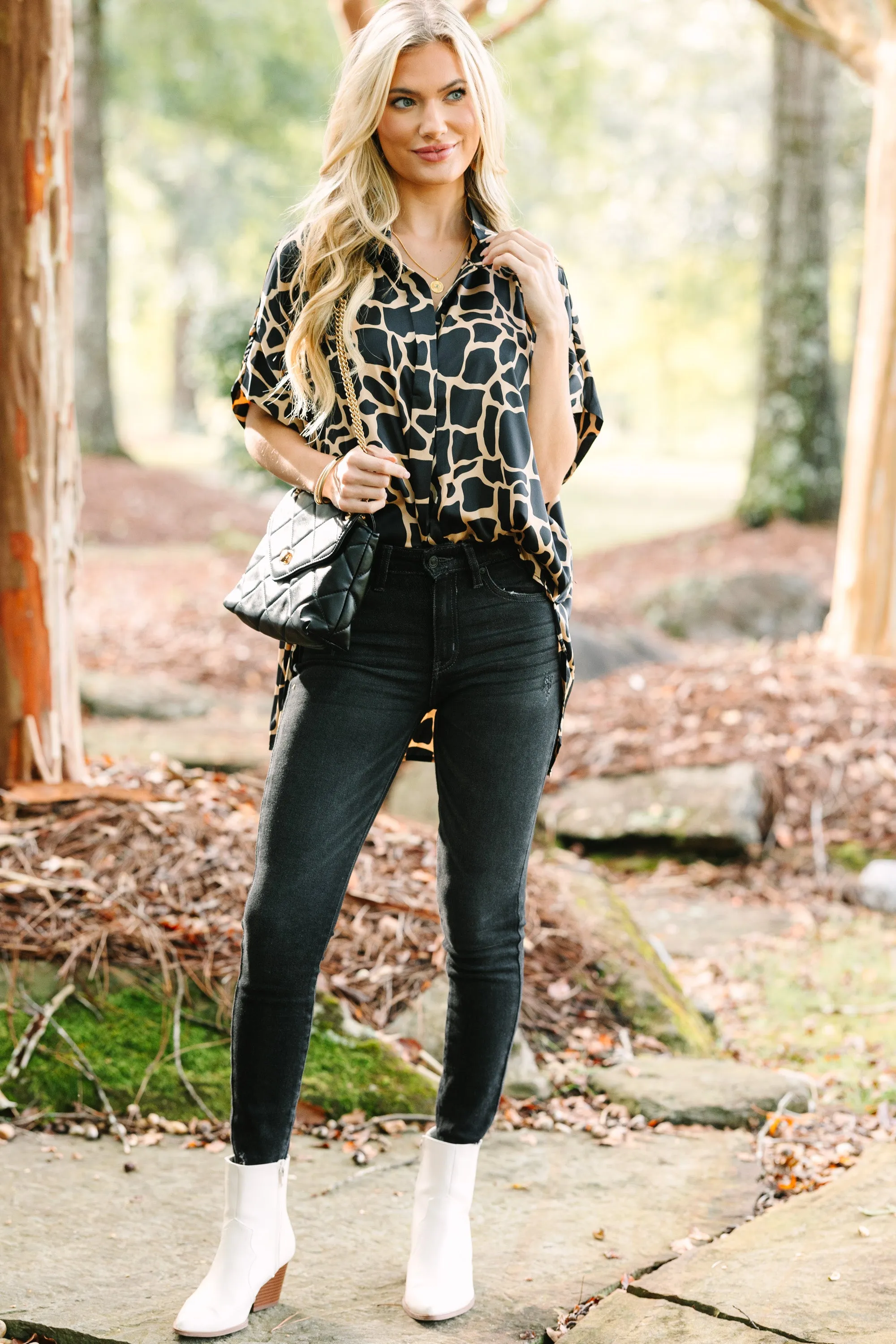 Feeling Your Best Black Giraffe Print Blouse