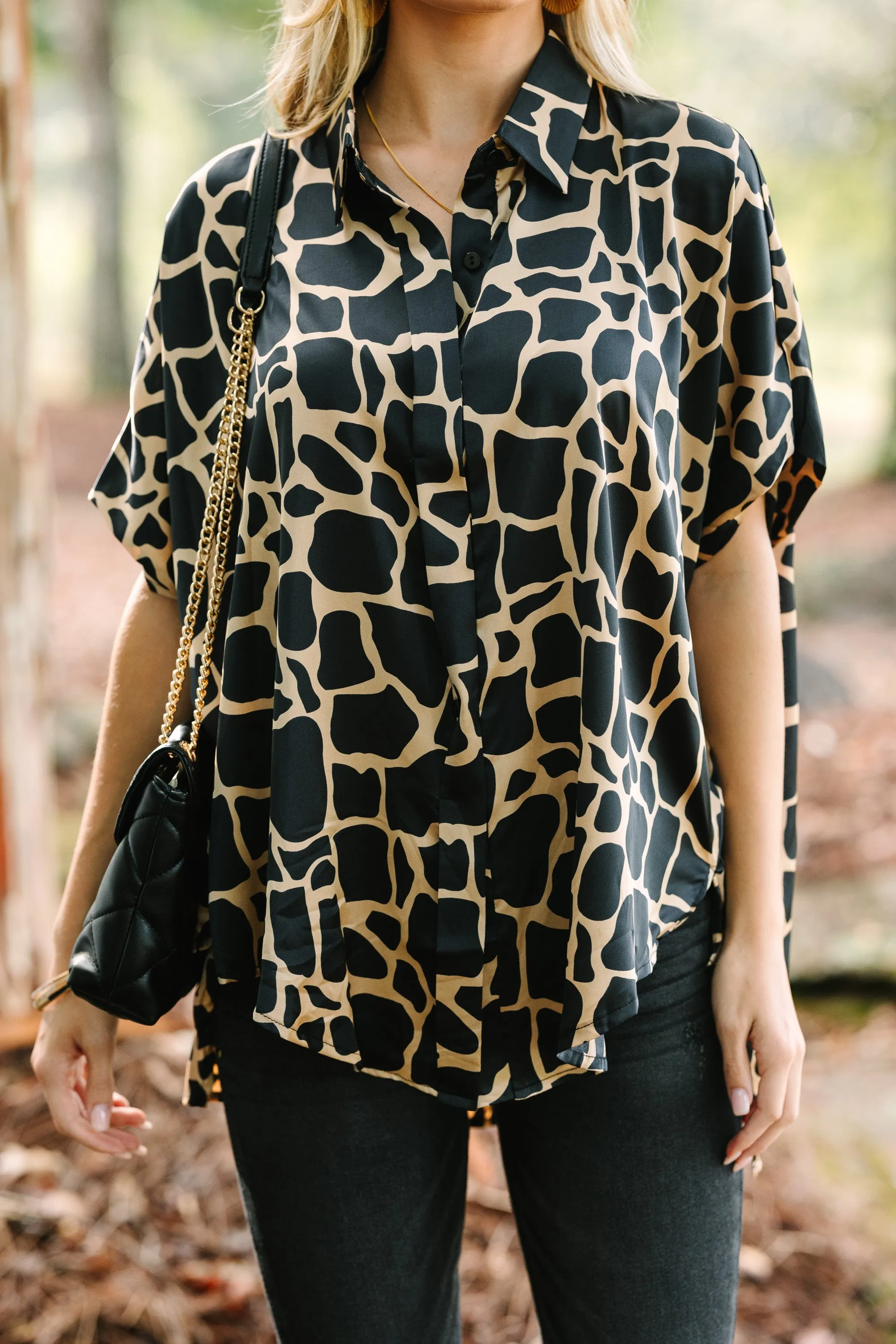 Feeling Your Best Black Giraffe Print Blouse