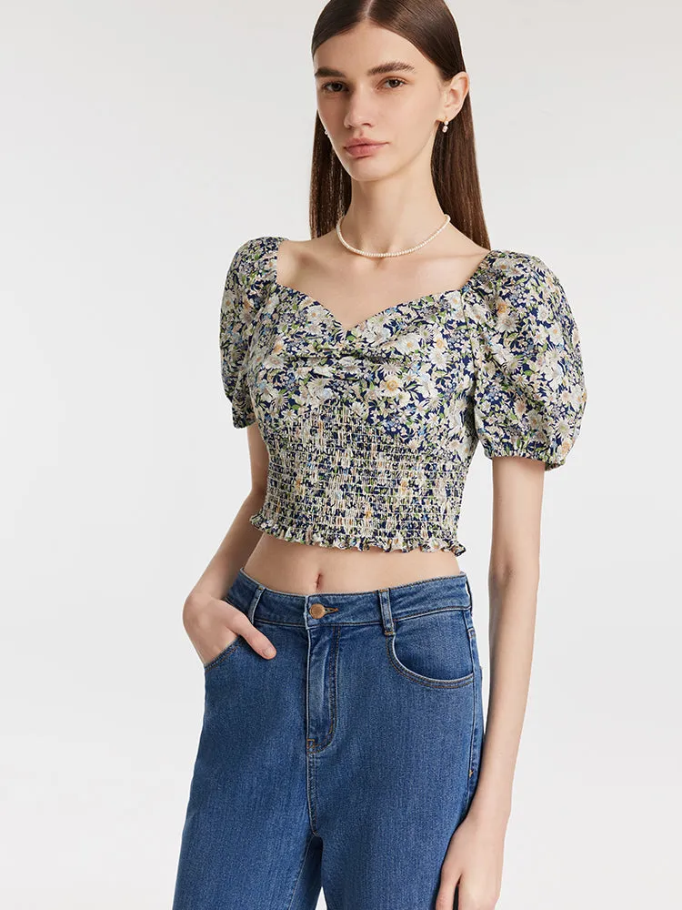 Floral Printed Square Neck Puff Sleeves Women Blouse