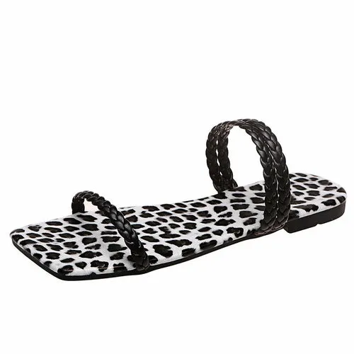 Leopard Flats Slippers Square Toe Women Sandals