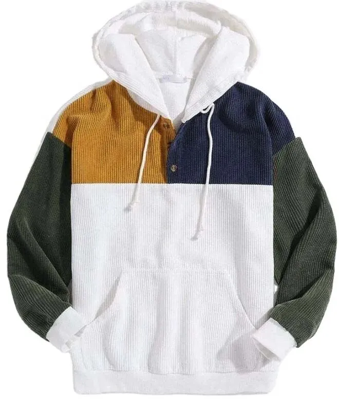 Mens Corduroy Patchwork Half Button Pouch Pocket Drawstring Hoodies S4096200