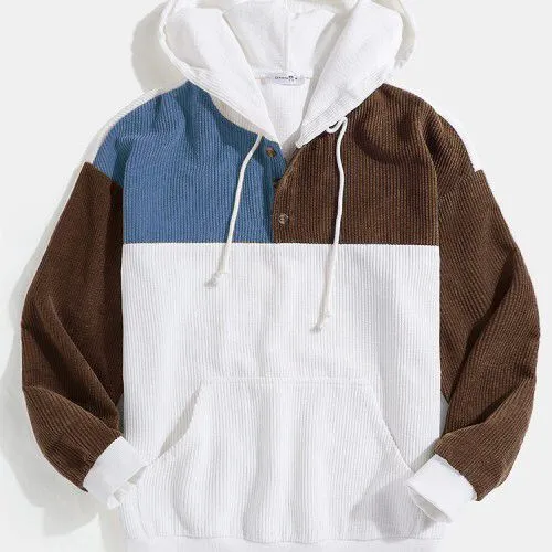 Mens Patchwork Corduroy Half Button Hoodie with Pouch Pocket and Drawstring Closure - S4096200