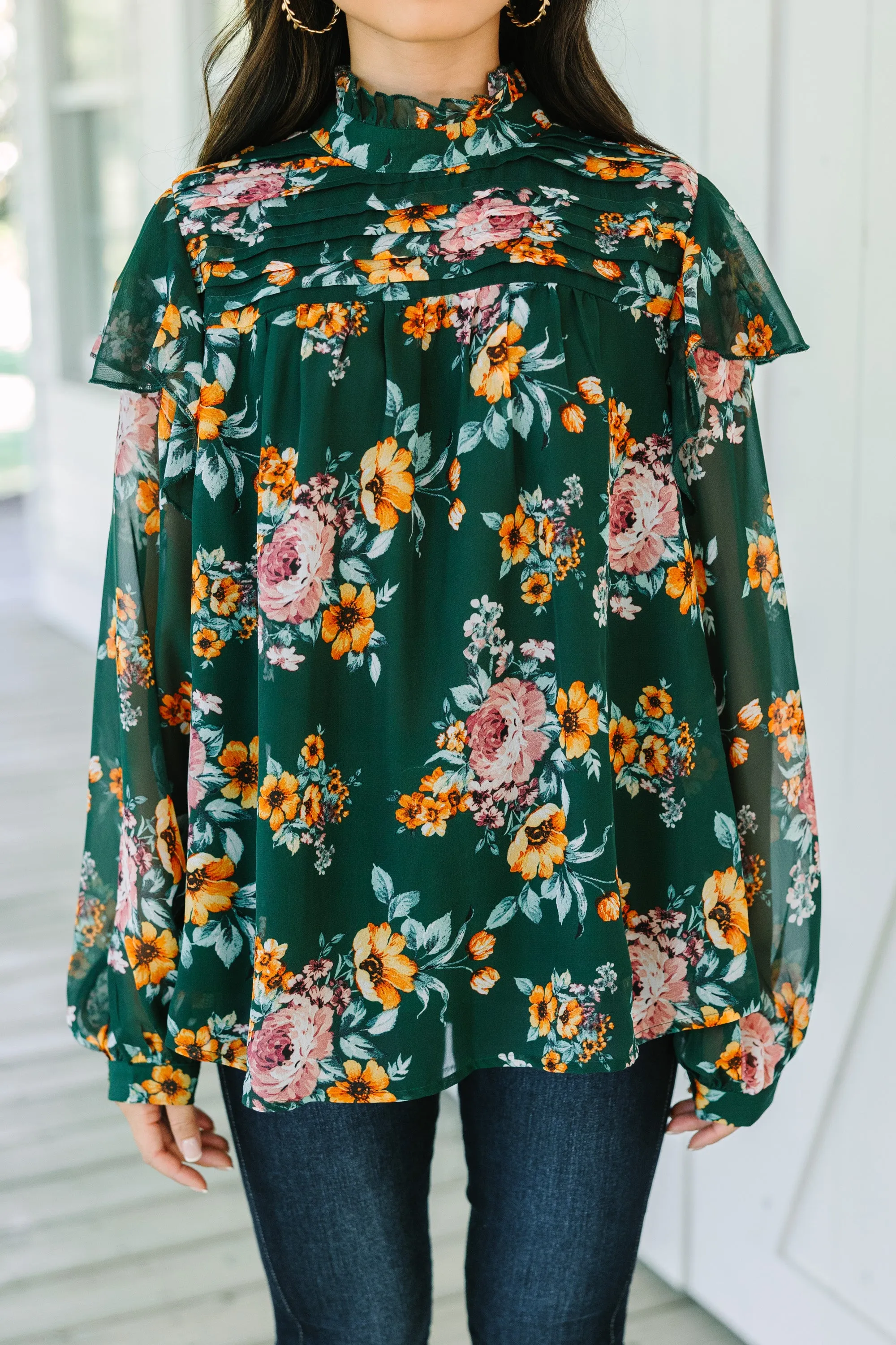 Need You Now Green Floral Blouse