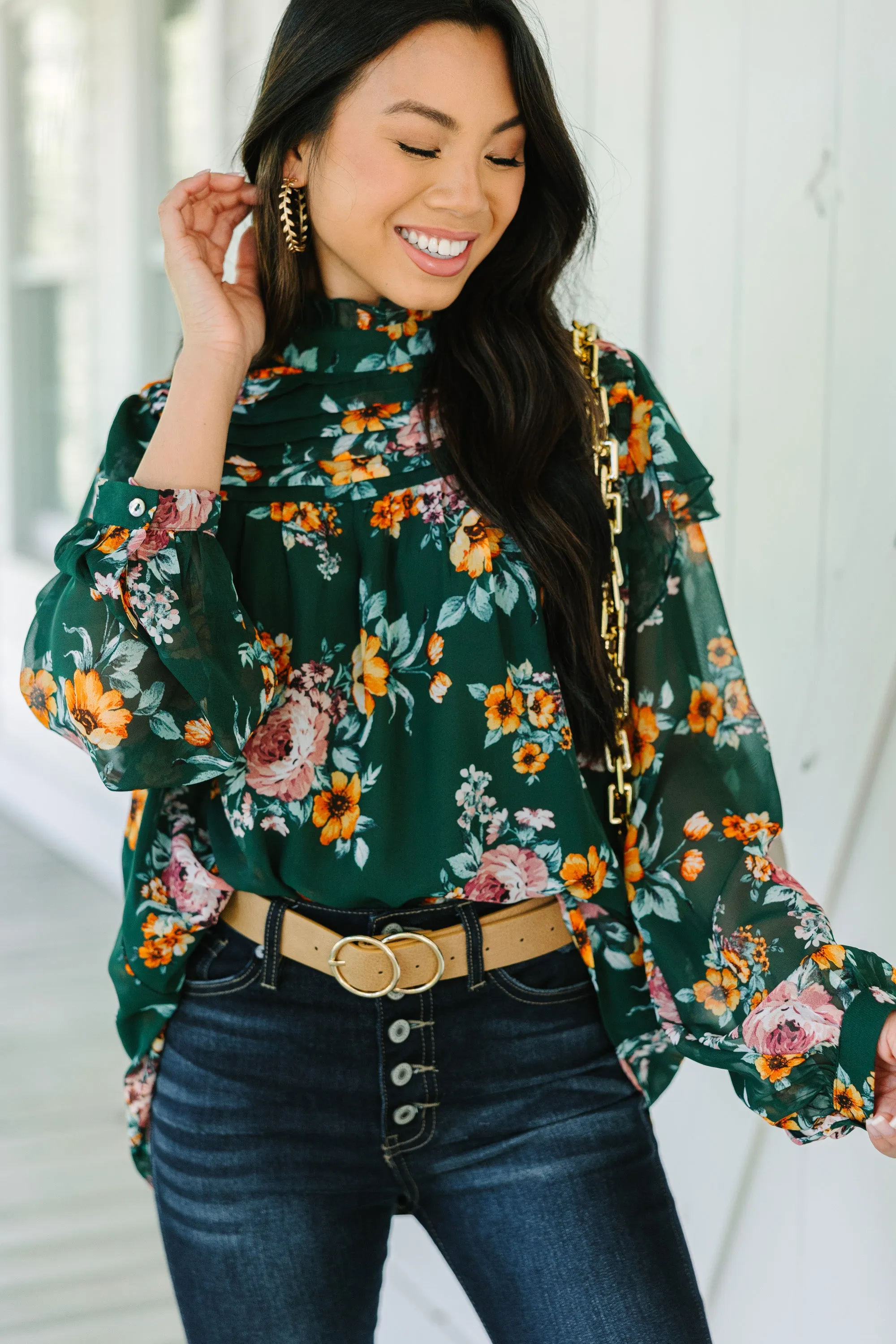 Need You Now Green Floral Blouse