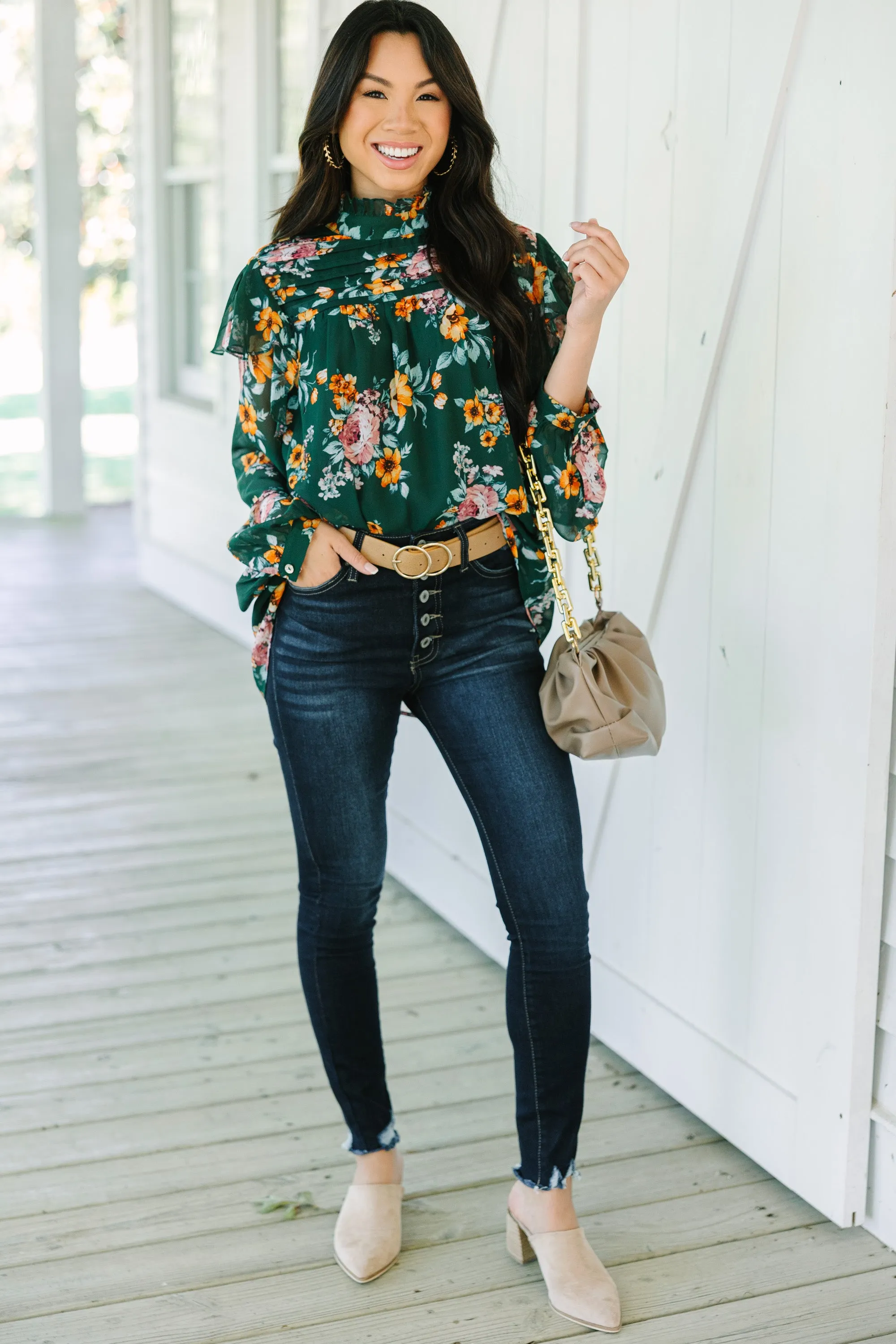 Need You Now Green Floral Blouse