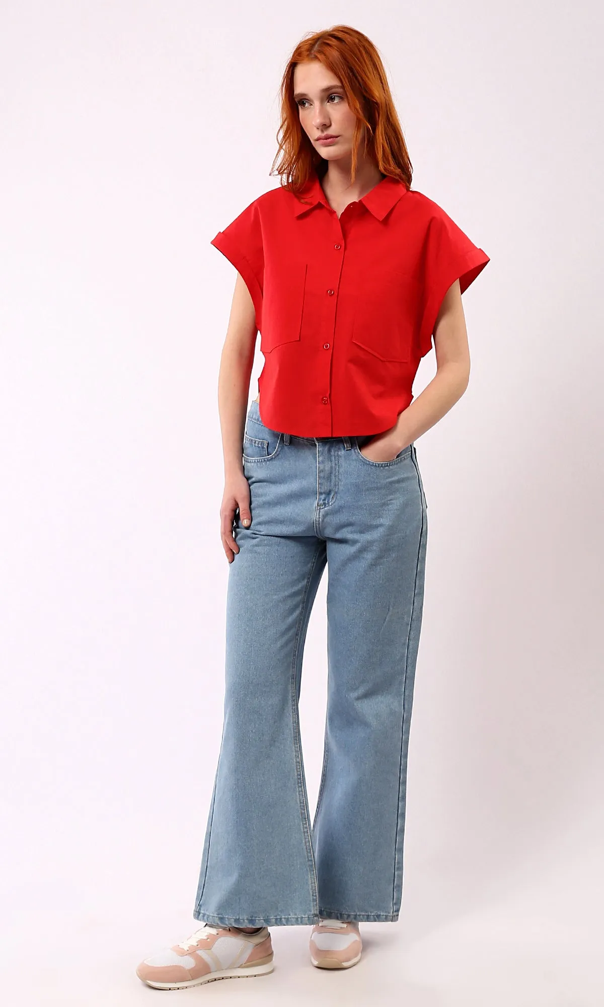 O181644 Solid Short Sleeves Casual Red Buttoned Shirt