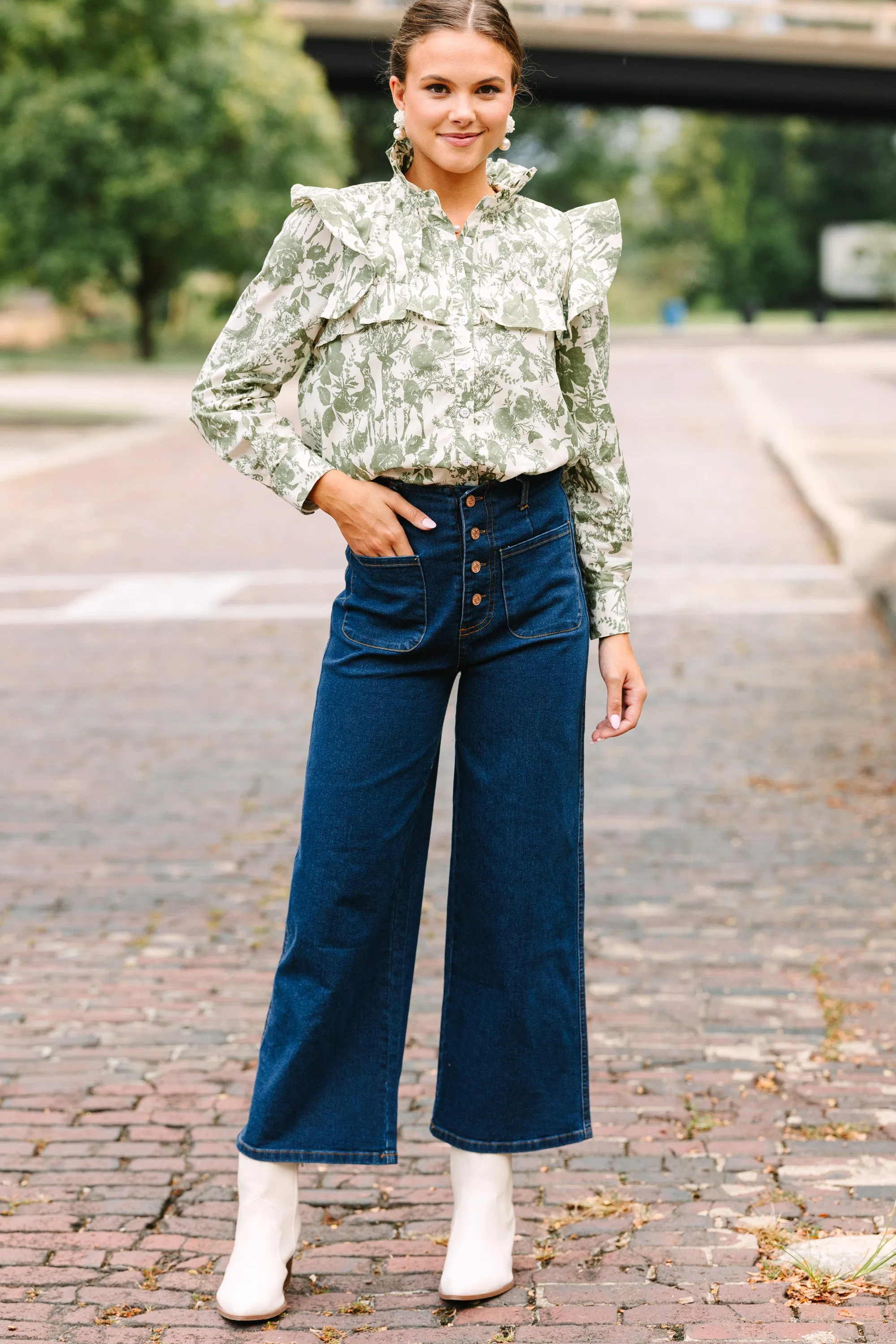 Olive Green Toile Print Button-Down Top for Effortless Style