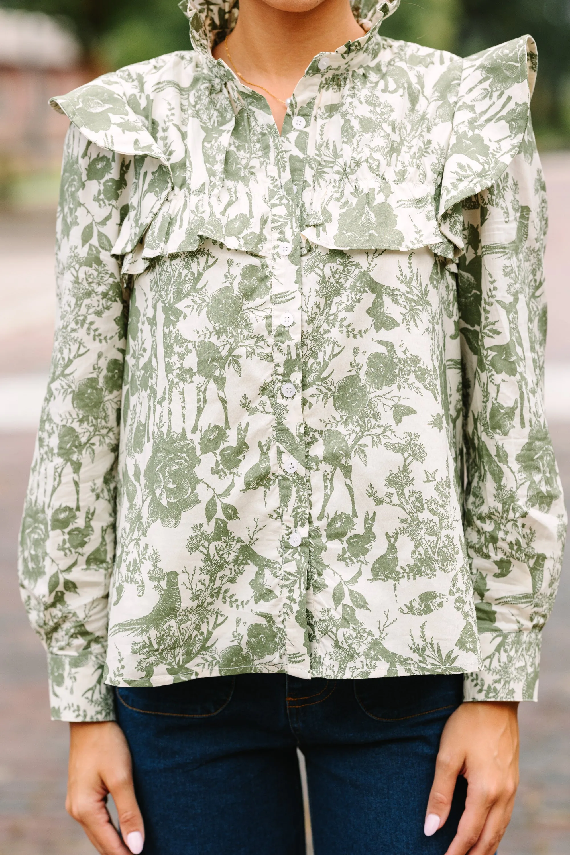 Olive Green Toile Print Button-Down Top for Effortless Style