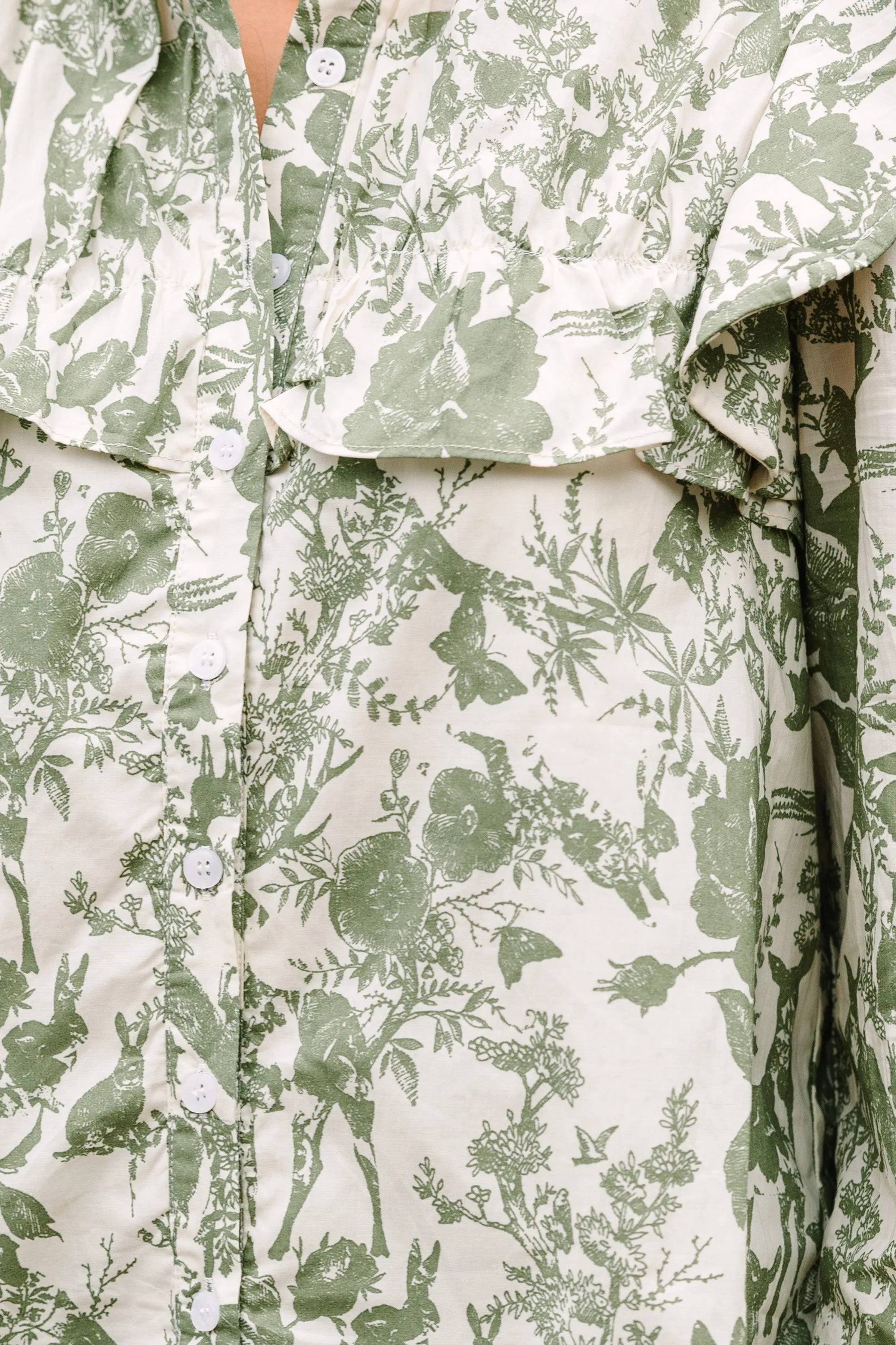 Olive Green Toile Print Button-Down Top for Effortless Style