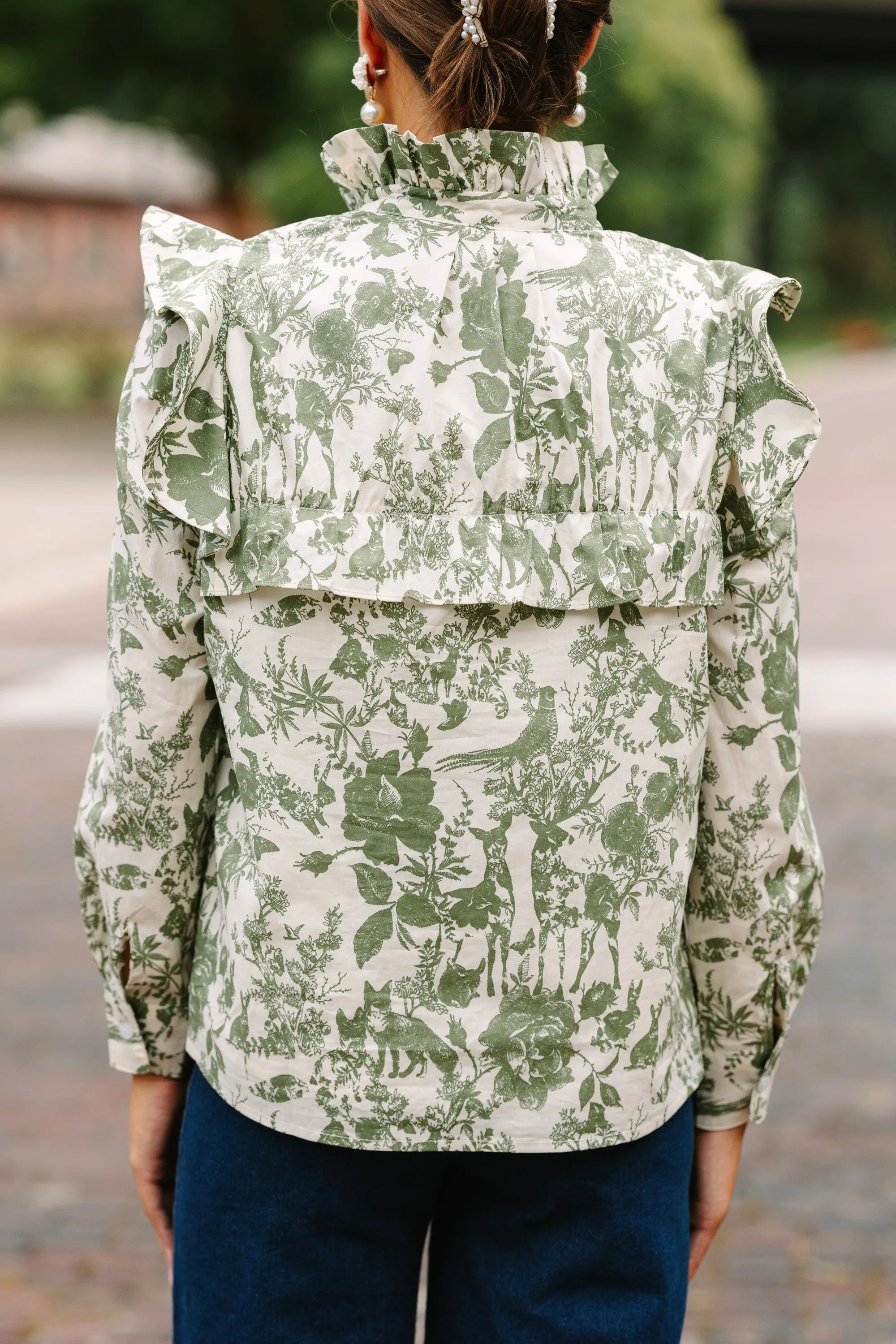 Olive Green Toile Print Button-Down Top for Effortless Style