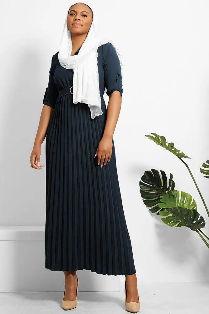 Pleated Skirt Logo Belt Buttoned Modest Dress