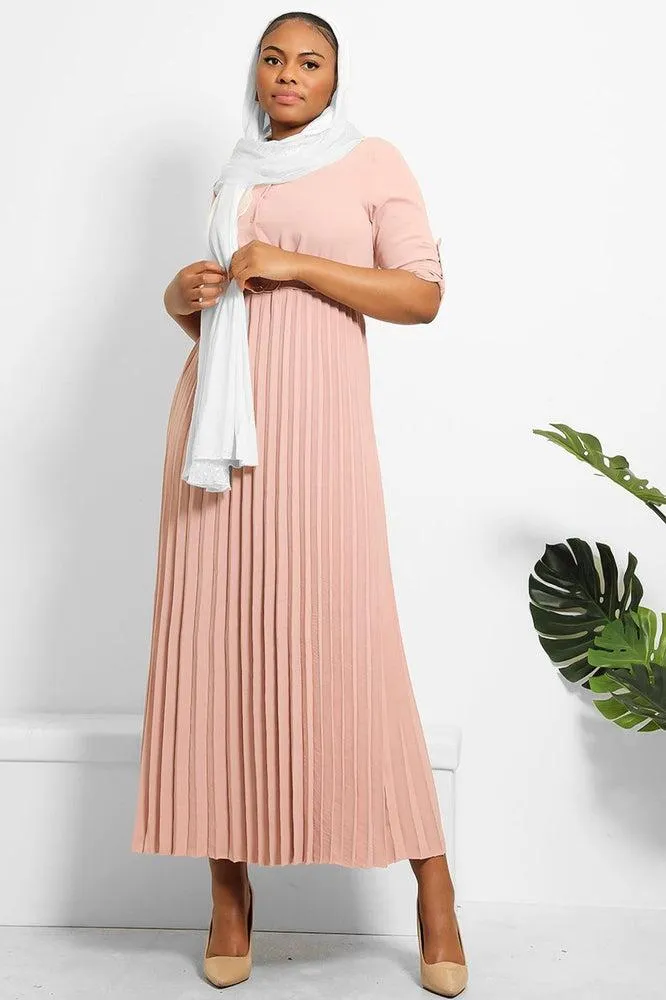 Pleated Skirt Logo Belt Buttoned Modest Dress