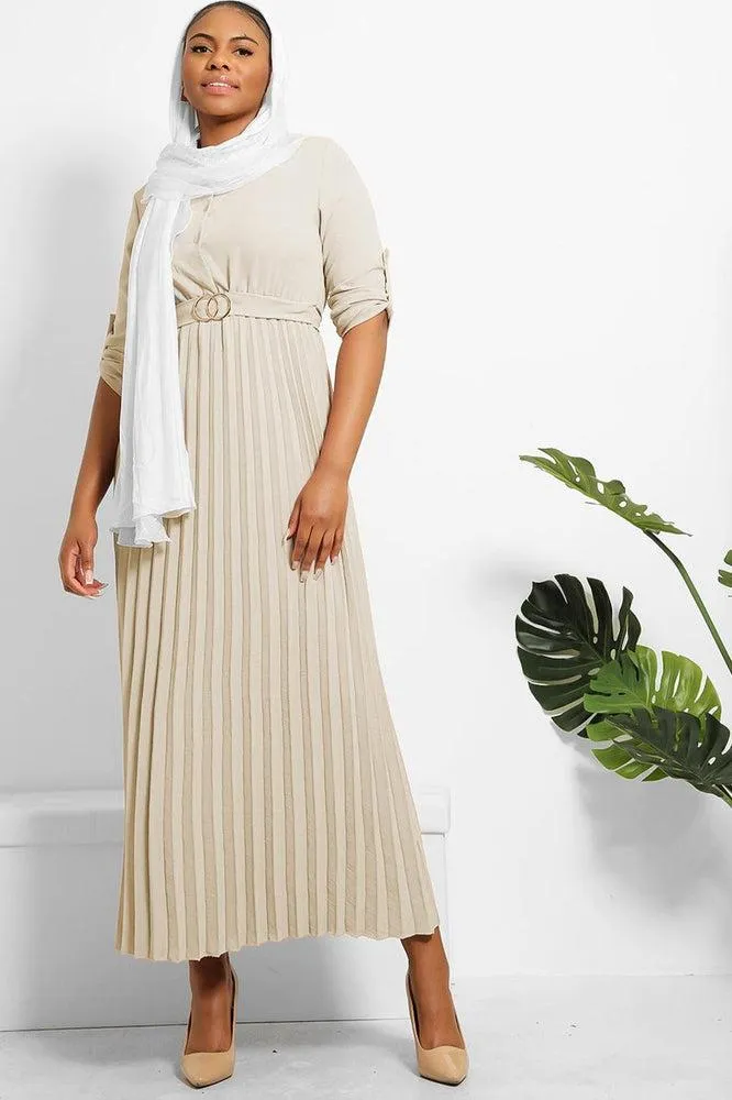 Pleated Skirt Logo Belt Buttoned Modest Dress