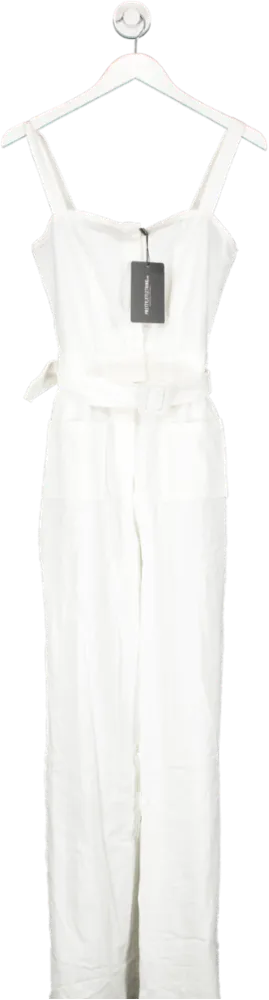 PrettyLittleThing Petite White Wide Leg Square Pocket Button Down Jumpsuit UK 6