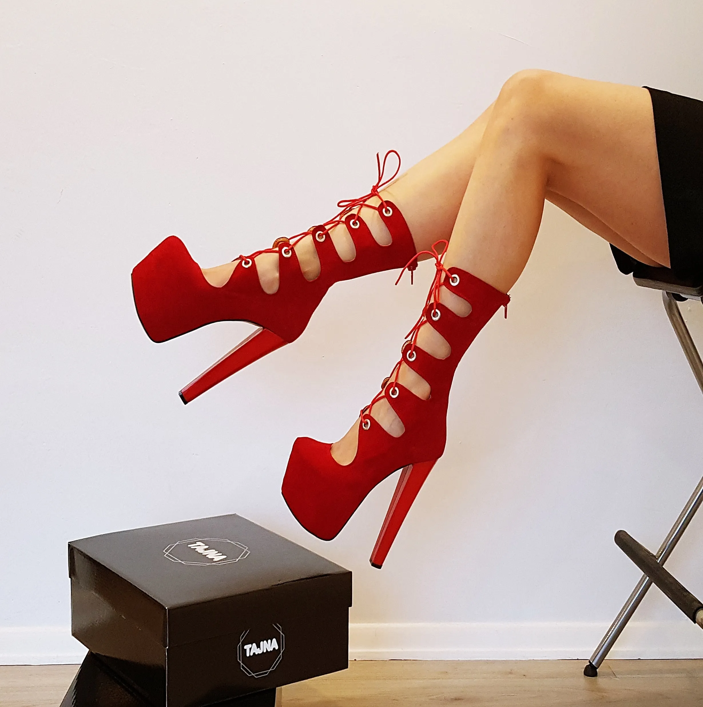 Red Gladiator Lace Up Chunky Heel Boots