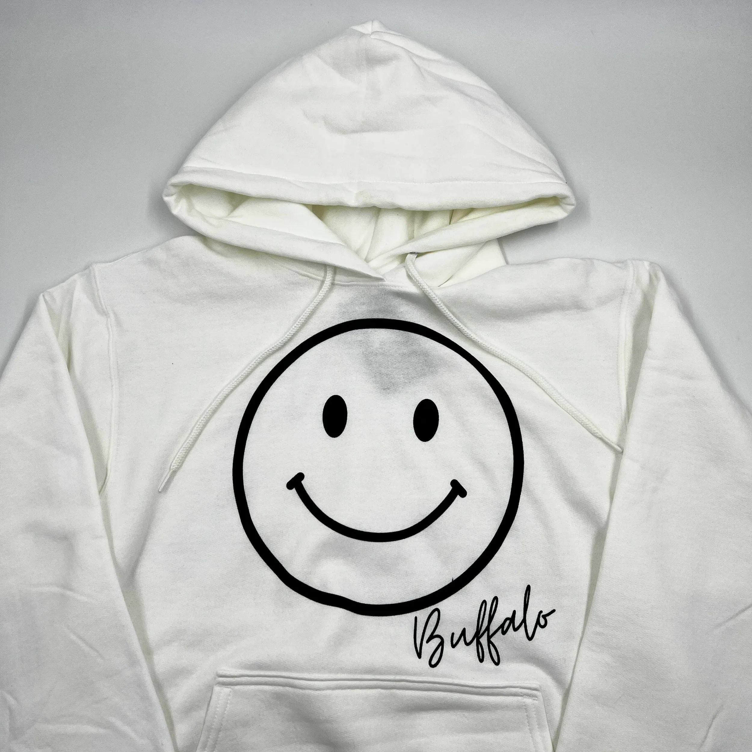 Smiley Face With Buffalo Wordmark White Hoodie