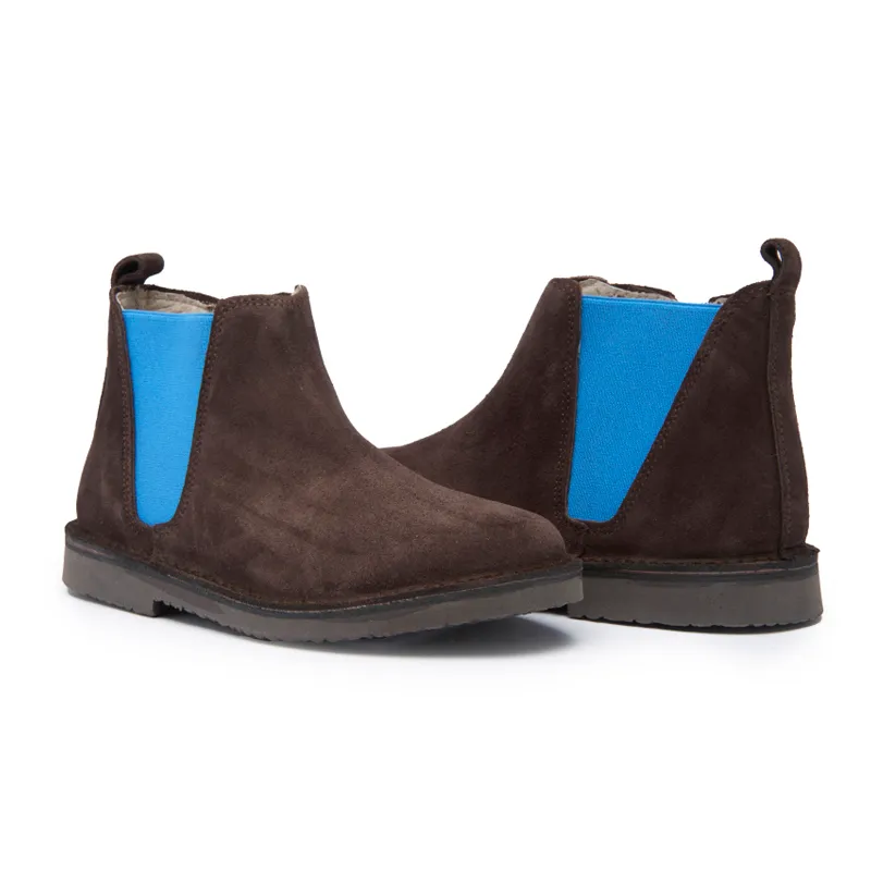 Suede Chelsea Boots in Brown with Blue Elastic