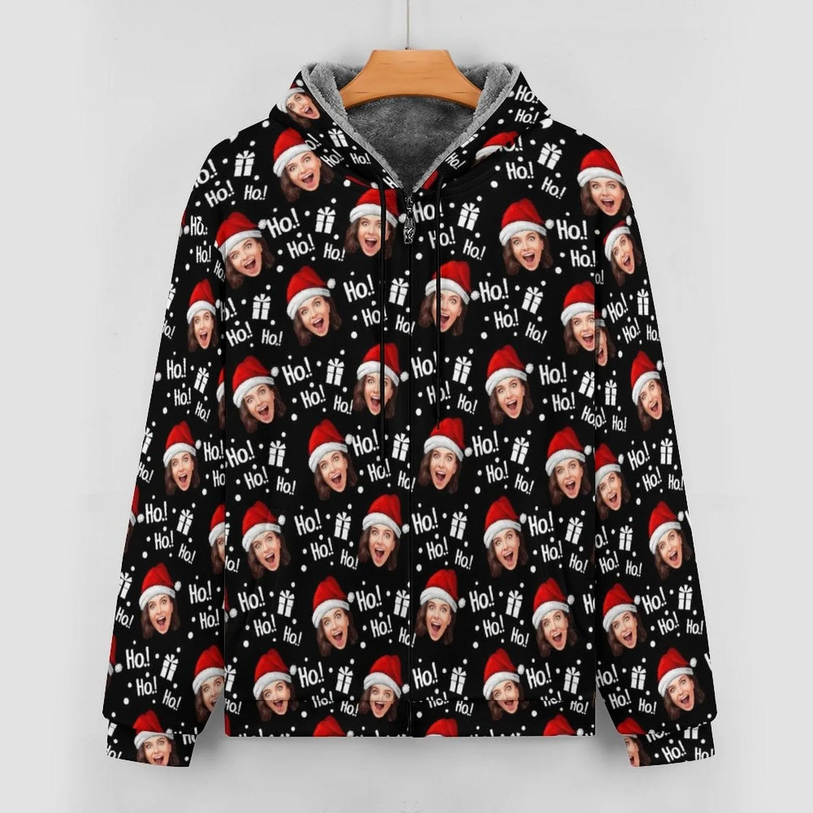 [Thick and Warm]Custom Face Ho Ho Ho Christmas Gift Full Zip Hoodie Double Layer Fleece Thickened Jacket