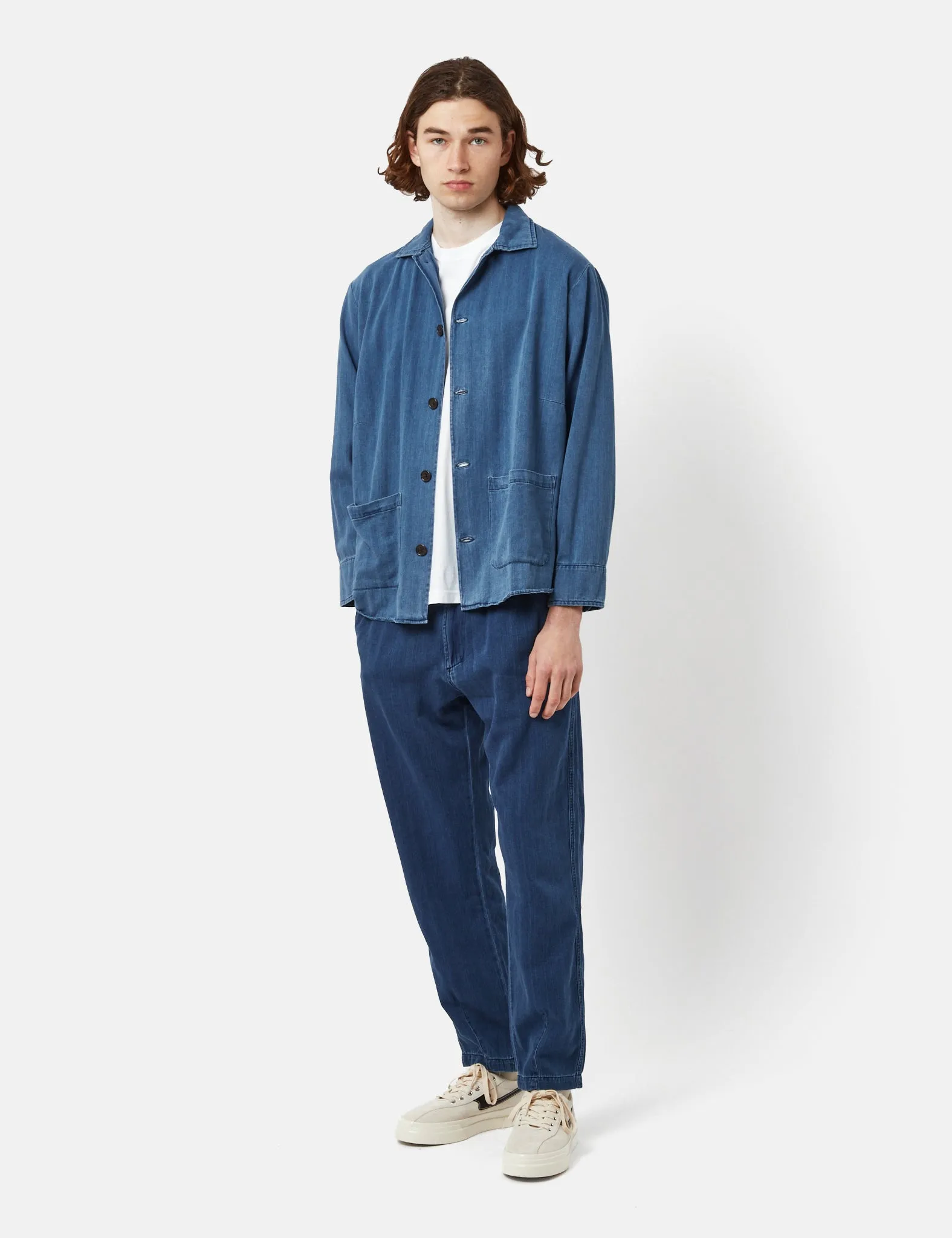 Universal Works Pleated Track Pant (Herringbone Denim) - Faded Indigo