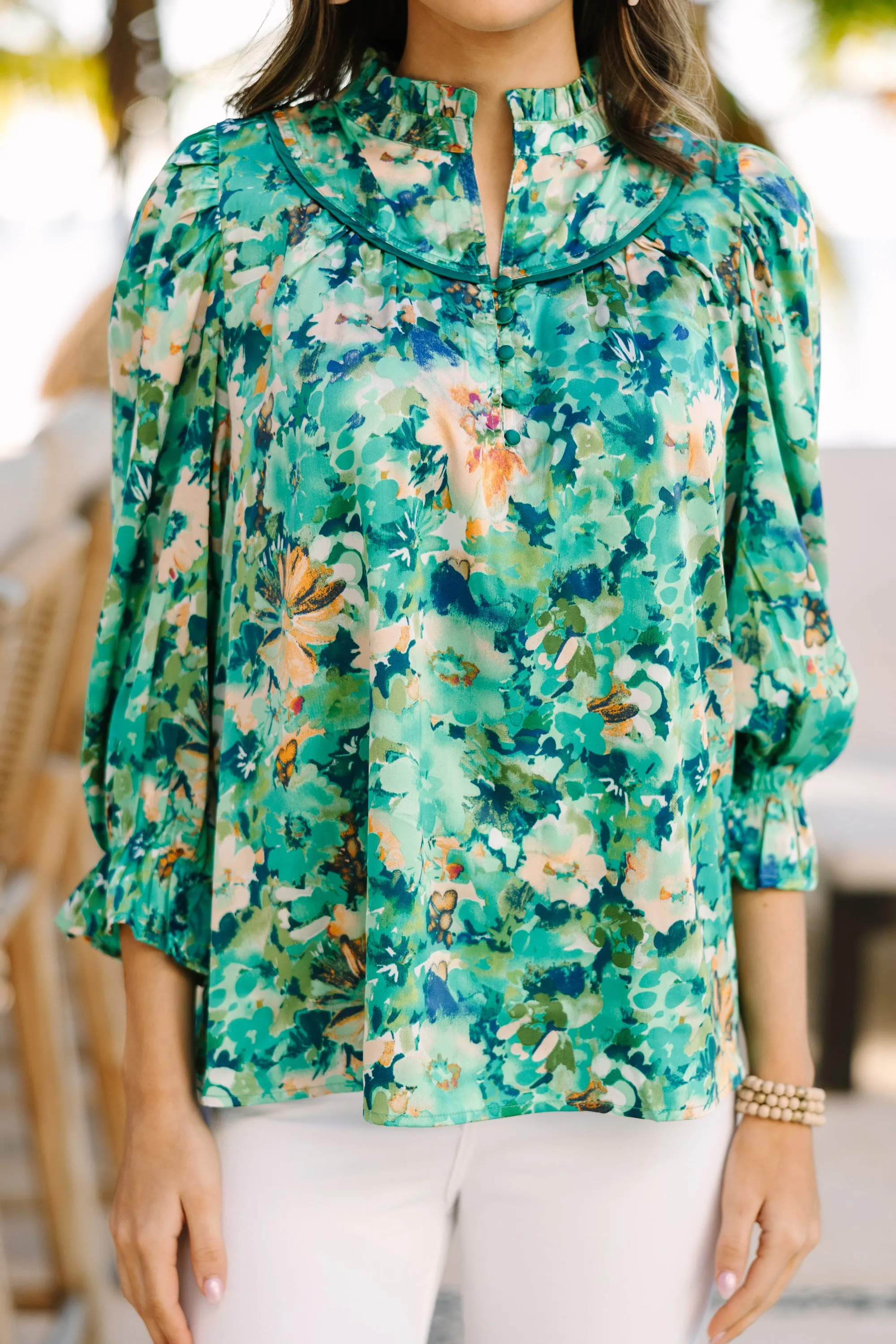 Wherever You Go Emerald Green Floral Blouse