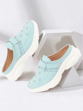 Women Sky Blue Laser Cut Floral Design Hook and Loop Back Open Slip On Mules Shoes