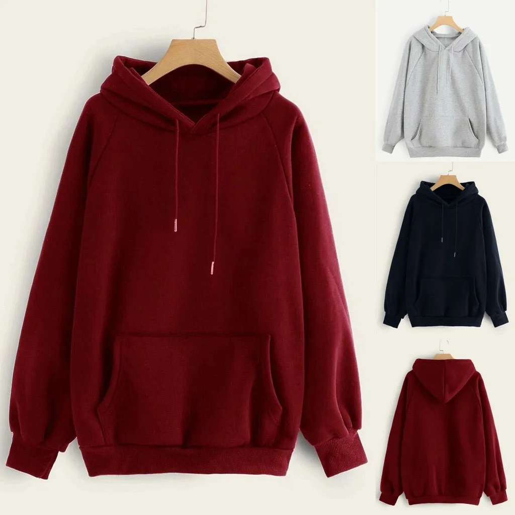 Women's Harajuku Hooded Casual Solid Color Hooded Pocket Long Sleeve Pullover Sweatshirt For Girls moletom feminino